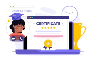alt= Illustration of an African-American woman in a graduation cap next to a digital Scrum Master certification on a screen, with a trophy on the side, celebrating academic achievement.