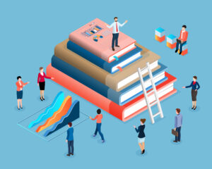 An illustrative image showcasing business professionals standing on books and graphs, emphasizing the significance of Agile books in my blog post.