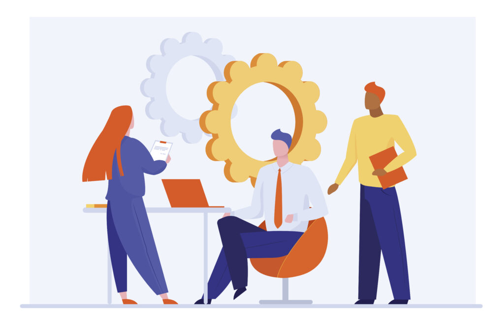 SAFe Scrum Master/Team Coach guiding a team of individuals in an office setting, with a clock visible on the wall.