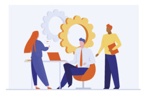 SAFe Scrum Master/Team Coach guiding a team of individuals in an office setting, with a clock visible on the wall.